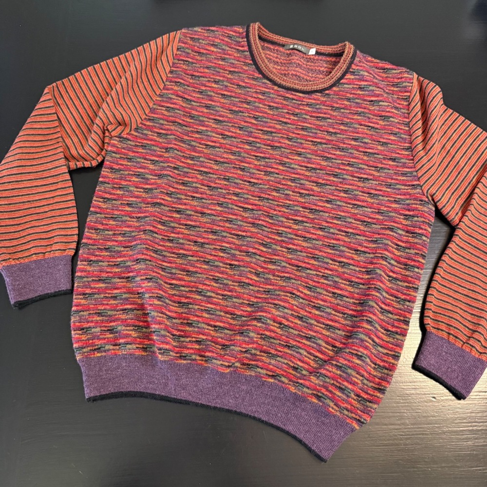 Sol Mens 100% Baby Alpaca Knit Sweater Large Multi Color Space Dye Striped L